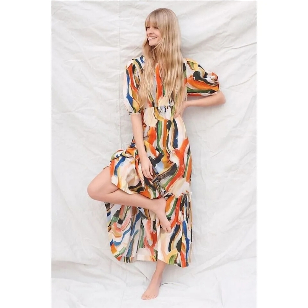Anthropologie Maeve Suzannah Tiered Multicolor Puff Sleeve Maxi Dress w/Pockets